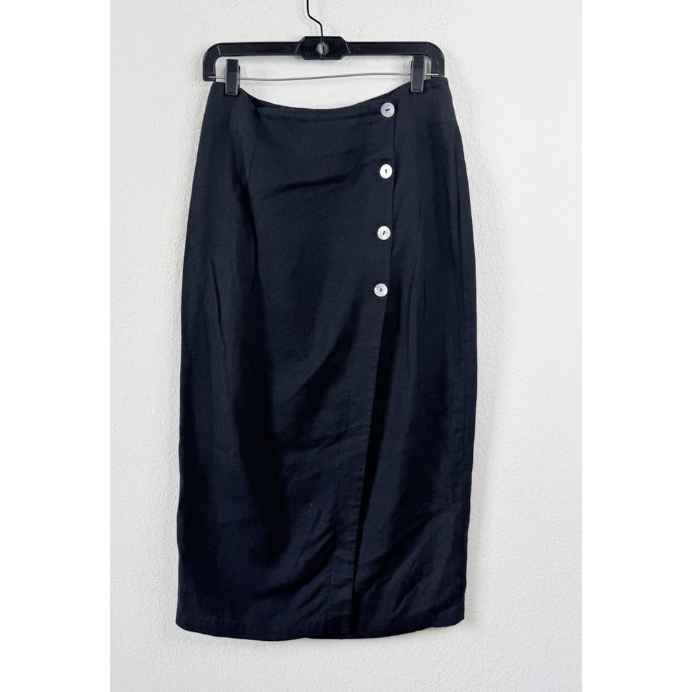 Melrose 100% Linen Wrap Midi Skirt Sz 8 Black Button Front Pencil Career USA